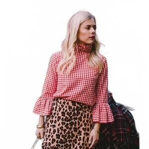 Elizabeth Wilson Katherine Top High Neck Gingham Pink White Size Large Preppy